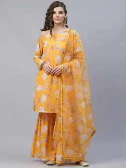 Yellow & White Floral Printed Off-Shoulder Straight Kurta & Sharara With Organza Dupatta