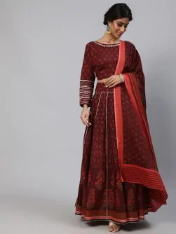 Maroon & Red Floral Printed Lehenga Choli With Dupatta