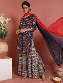 Blue & Red Floral Printed KurtaWith Sharara With Dupatta Set