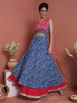 Blue & Pink Bandhani Printed Lehenga Choli With Leheriya Attached Dupatta Set