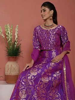 Purple Gold Brocade Lehenga Choli With Organza Dupatta Set