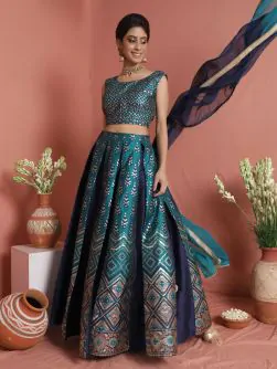 Teal Blue Gold Zari Work Lehenga Choli With Tie & Dye Dupatta