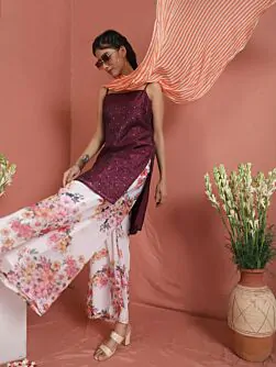 Purple & White Gold Floral Printed Kurta & Sharara With Dupatta Set