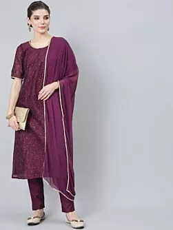 Purple Gold Printed Kurta Pant With Dupatta Set