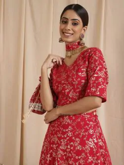 Red Gold Floral Printed Lehenga Choli With Potali Bag With Necklace