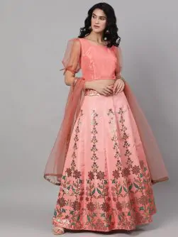 Peach Jacquard Gold Zari Work Lehenga Choli With Organza Dupatta Set
