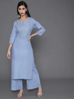 Blue Embroidered Straight Kurta With Palazzo Set