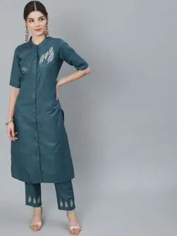 Teal Green Embroidered Straight Kurta With Pant Set