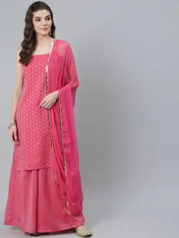 Pink Gold Zari Work Woven Design Kurta & Flared Palazzo With Dupatta