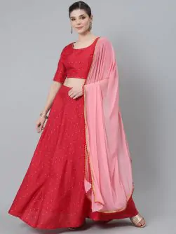 Red & Pink Dobby Woven Design Lehenga Choli With Dupatta Set