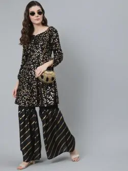 Black & Gold Foil Printed A-Line Kurta With Sharara Set