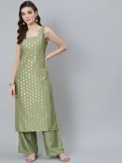 Green Gold Foil Printed Straight Kurta With Palazzo Set