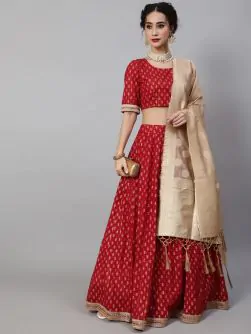 Red Gold Printed Lace Work Lehenga Choli With Brocade Dupatta