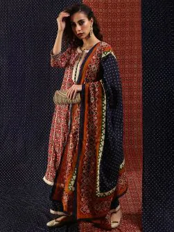Maroon & Navy Blue Patola Printed Lace Work Kurta Set With Dupatta Set