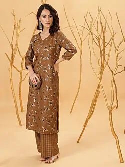 Brown Gold Floral Printed Kurta With Palazzo Set