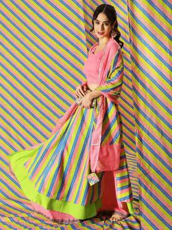 Pink & Green Gold Leheriya Printed Layered Lehenga Choli With Dupatta Set