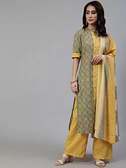 Green & Yellow Printed Straight Kurta & Palazzo With Dupatta Set