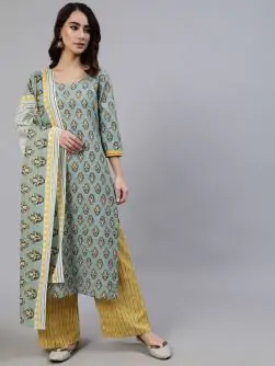 Light Green & Yellow Printed Straight Kurta & Palazzo With Dupatta Set