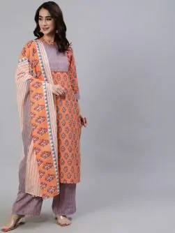 Orange & Grey Printed Straight Kurta & Palazzo With Dupatta Set