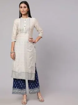 Cream & Blue Gold Placement Printed Straight Kurta With Palazzo Set