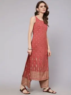 Rust Red Placement Printed Straight Kurta With Palazzo Set
