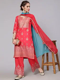 Red Placement Printed Straight Kurta & Palazzo With Dupatta Set