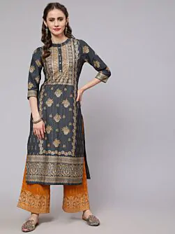 Grey & Mustard Placement Printed Straight Kurta With Palazzo Set