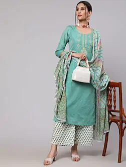 Green & White Printed Kurta & Palazzo With Dupatta Set