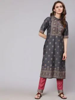 Grey & Pink Placement Printed Kurta With Pant Set