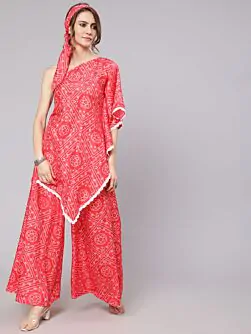 Red Bandhani Printed Asymmetrical Kurta With Palazzo Set