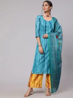 Blue & Mustard Printed Kurta & Palazzo With Dupatta Set