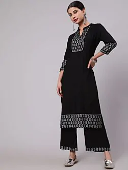 Black Sliver Printed Straight Kurta With Palazzo Set