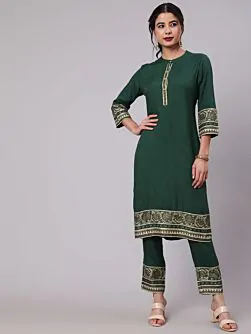 Green Gold Printed Straight Kurta With Pant Set