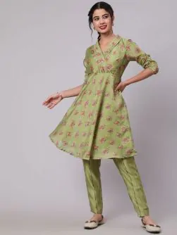 Green & Red Floral Printed A-Line Kurta With Pant Set