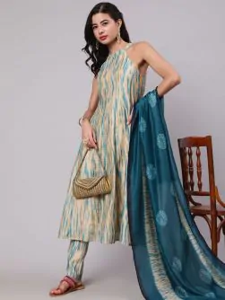 Cream & Blue Shibori Printed Anarkali & Pant With Dupatta Set