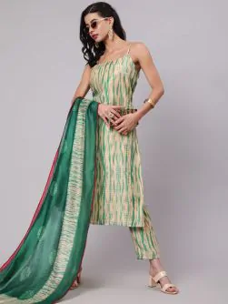 Cream & Green Shibori Printed Straight Kurta & Pant With Dupatta Set