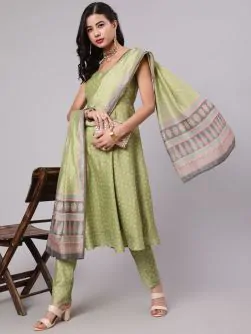 Light Green Printed Anarkali & Pant With Dupatta Set