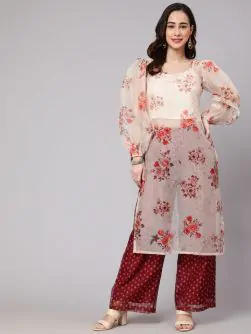 Maroon & Cream Floral Printed Straight Kurta With Palazzo Set