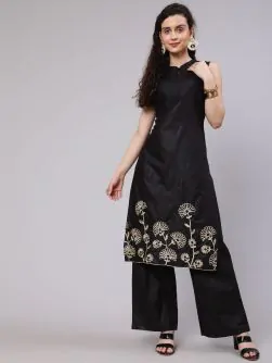 Black Gota Embroidered Straight Kurta With Palazzo Set