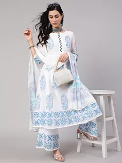 White & Blue Block Print Anarkali Palazzo With Dupatta
