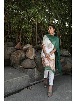 White Block Printed Kurta Pant With Dupatta