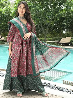 Maroon Floral Print Kurta Palazzo With Dupatta