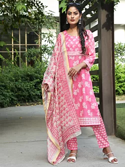 Pink Floral Print Kurta Pant With Dupatta