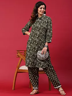 Green Floral Print Pakistani Kurta With Salwar