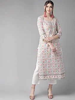 Women White & Rust Red Printed Straight Kurta