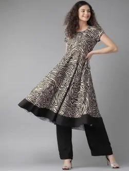 Women Beige & Black Printed A-Line Kurta