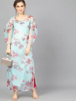 Turquoise Blue Organza Floral Printed Long Kurta
