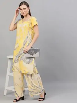 Yellow & Grey Marble Printed Extended Sleeve Kurta