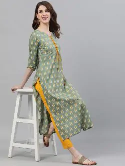 Green Ikat Printed Straight Kurta