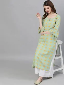 Green & Yellow Floral Printed Straight Kurta